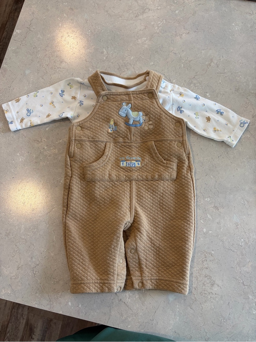 Carter's Tan Quilted Overalls with Cream Printed Long Sleeve Bodysuit